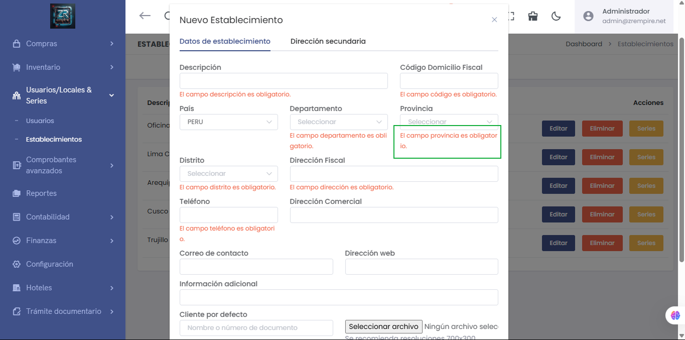 Ejemplo de mensaje de advertencia en color rojo