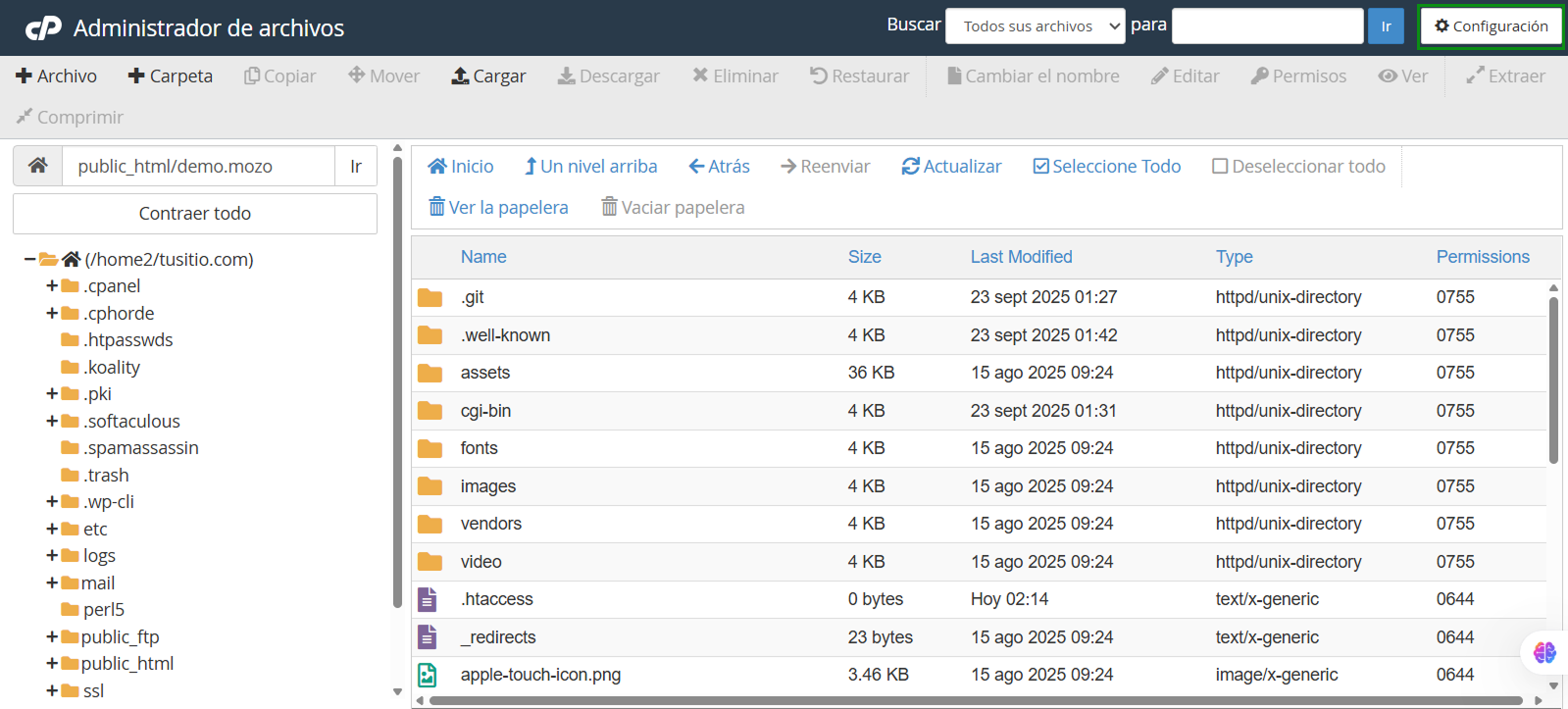 Configuración de archivos ocultos