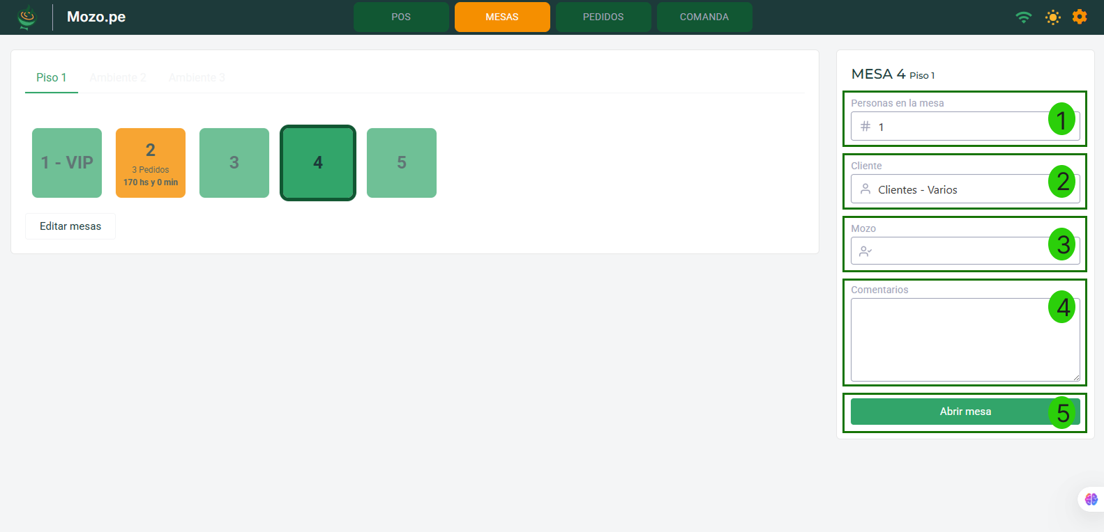 Formulario de apertura de mesa