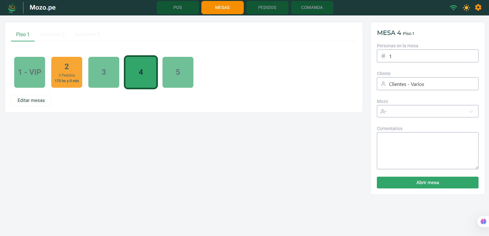Interfaz principal de Mesas