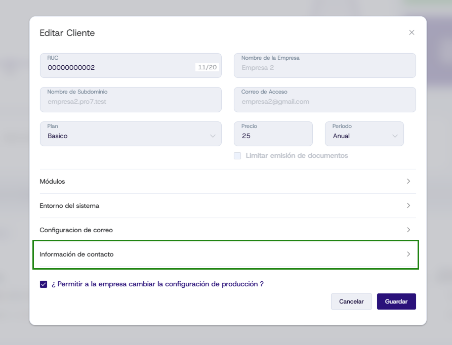 Información de contacto del cliente